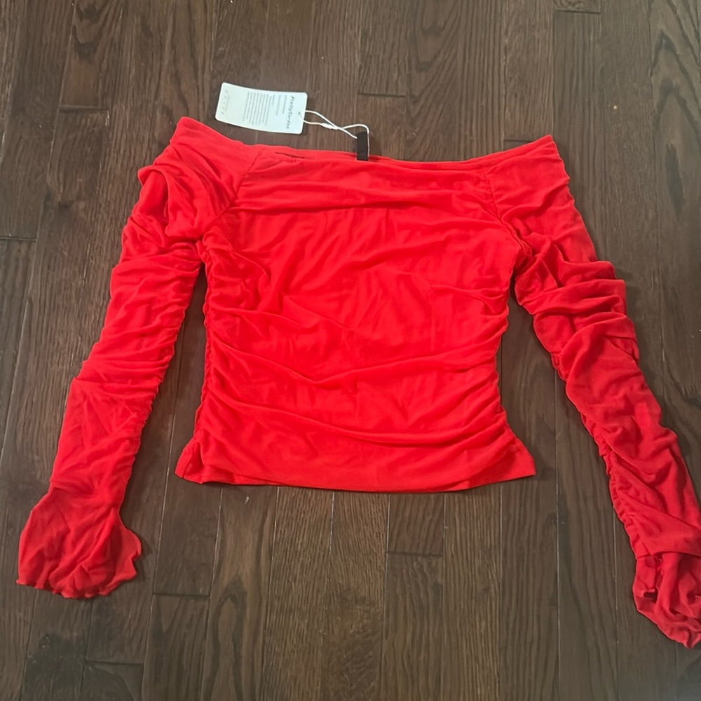 Red off the shoulder mesh top